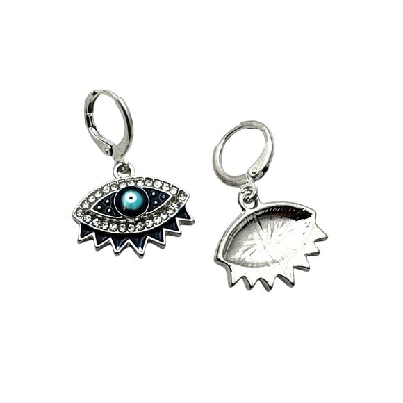 Evil Eye Blue Enamel Silver Tone Pierced Chandelier Earrings 1 Inch New - Picture 3 of 3